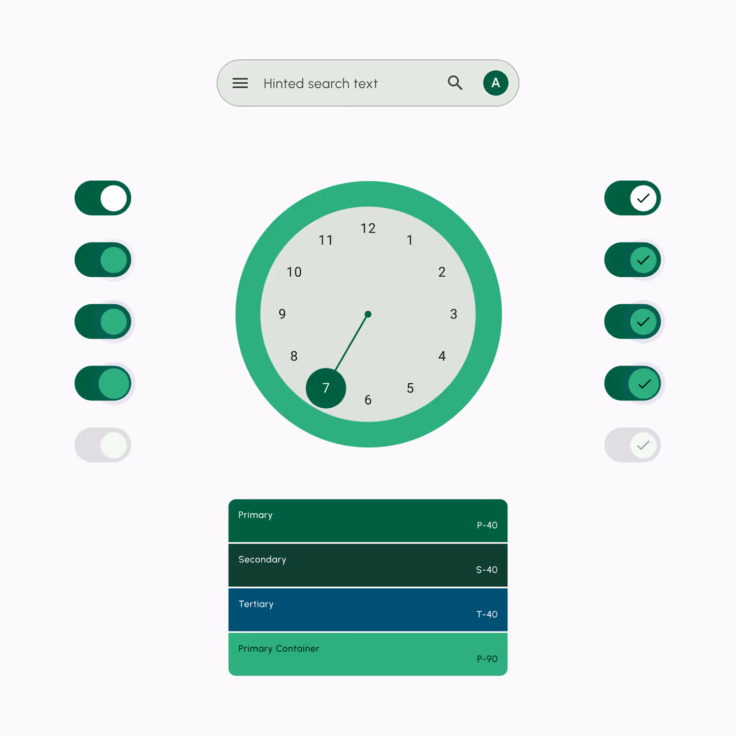 UI elements including a search bar with menu and profile icons, multiple toggle switches in on and off states, a circular clock showing 7 o'clock, and a color palette with primary, secondary, tertiary, and primary container colors.