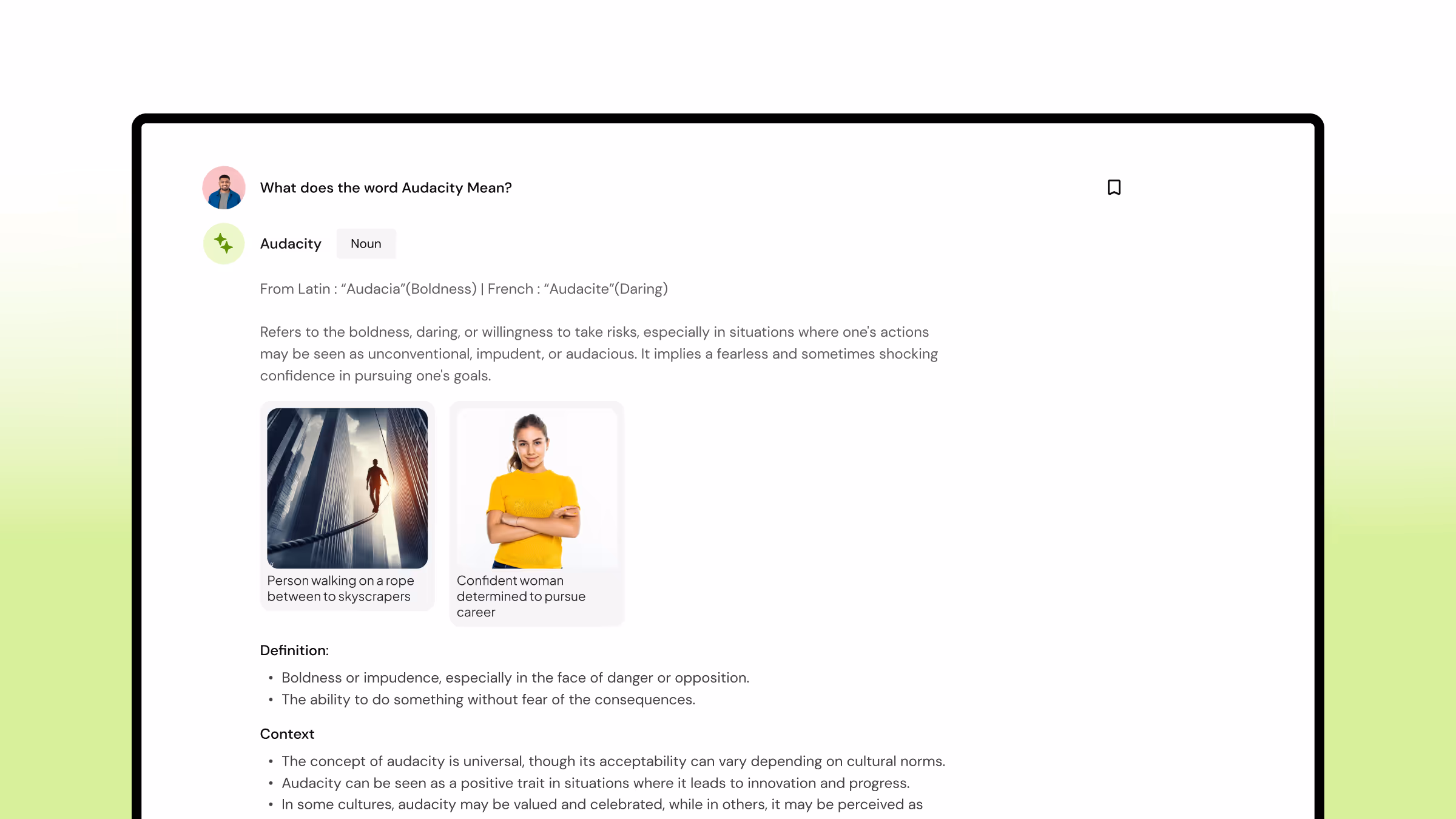 Text explaining the meaning of the word Audacity, with images of a person walking on a rope between skyscrapers and a confident woman in a yellow shirt, followed by definitions and context points.