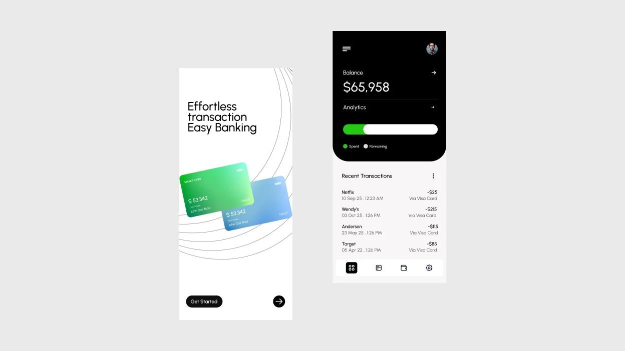 Mobile banking app interface showing two credit cards, account balance of $65,958, analytics bar, and recent transactions list.