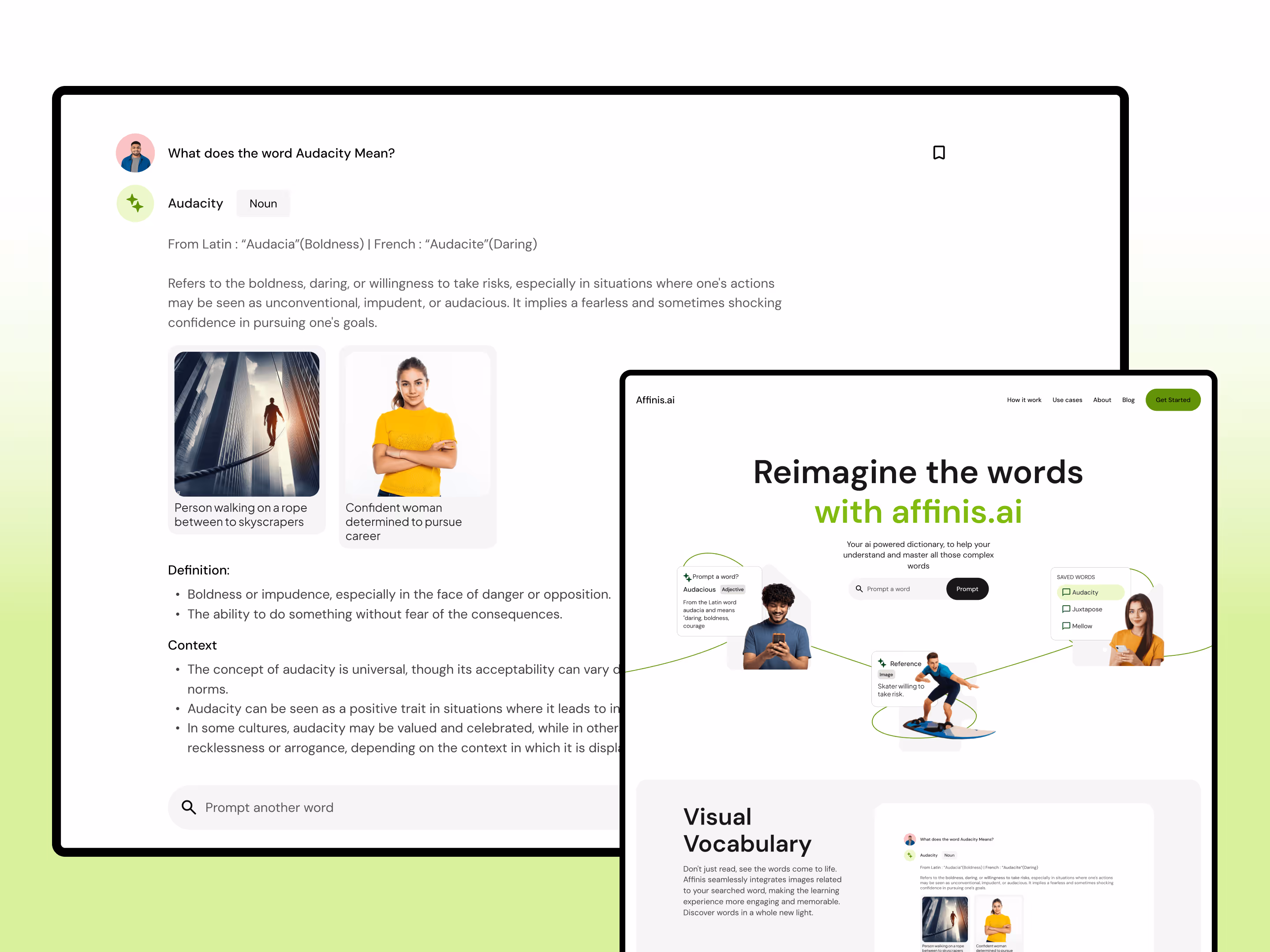 Screenshot of a digital dictionary page defining the word Audacity, including its Latin and French origins, meaning, definitions, context, and images illustrating boldness and confidence, alongside a website interface promoting an AI-powered visual vocabulary tool.