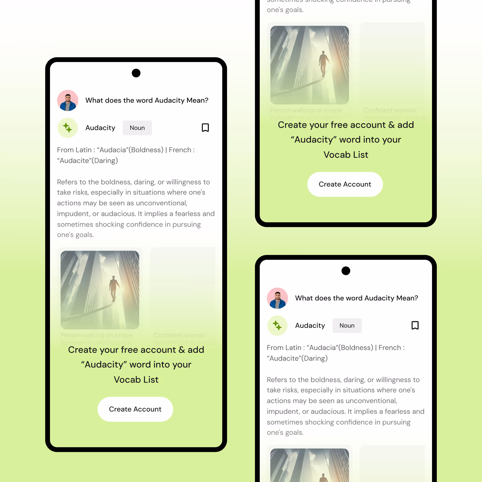 Mobile screen showing the meaning of the word 'Audacity' as boldness or daring, with Latin and French origins, a description of its usage, and a prompt to create a free account to add the word to a vocab list.