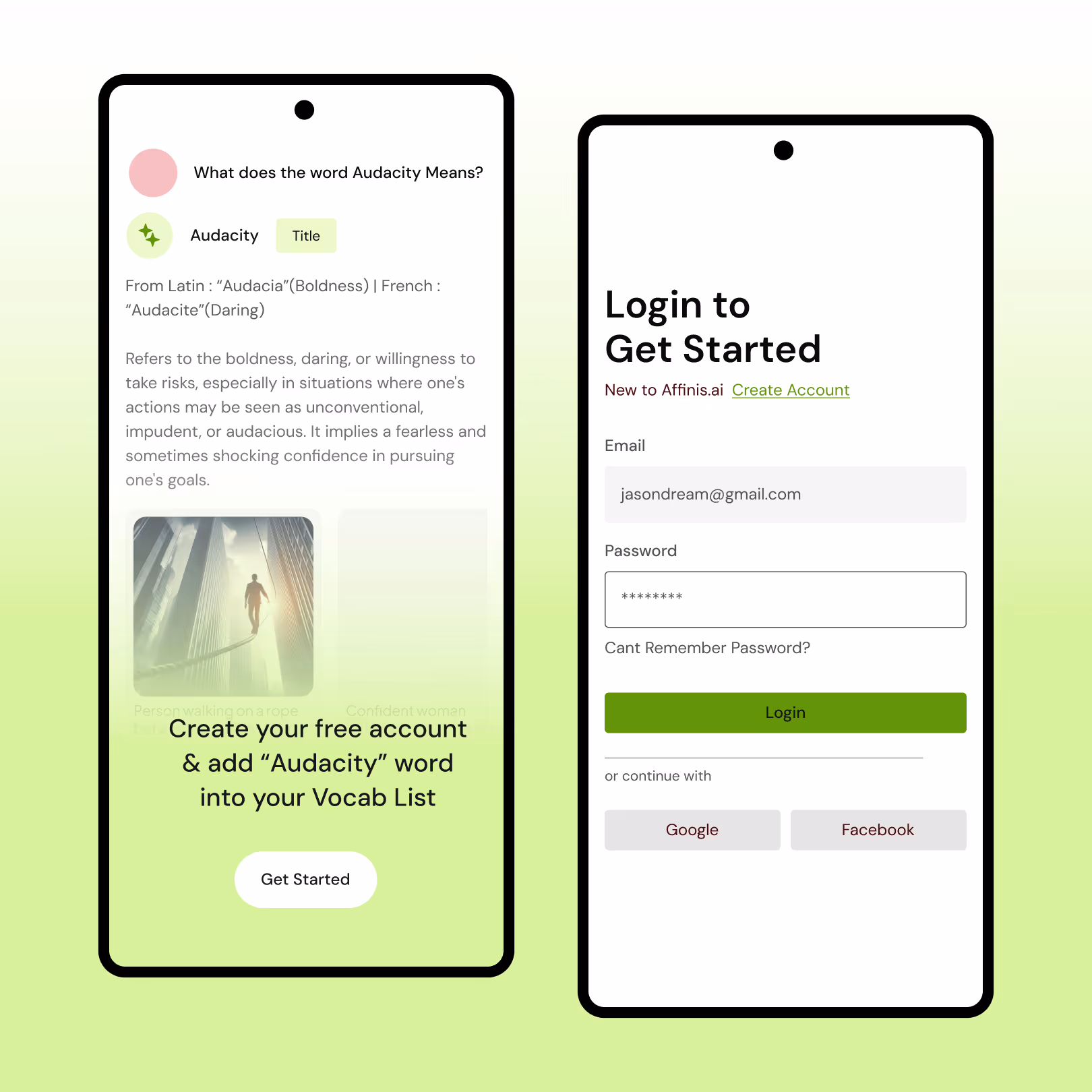 Two phone screens side by side: left screen explains the meaning of the word Audacity with text and image, right screen shows a login interface with email and password fields, a login button, and options to continue with Google or Facebook.