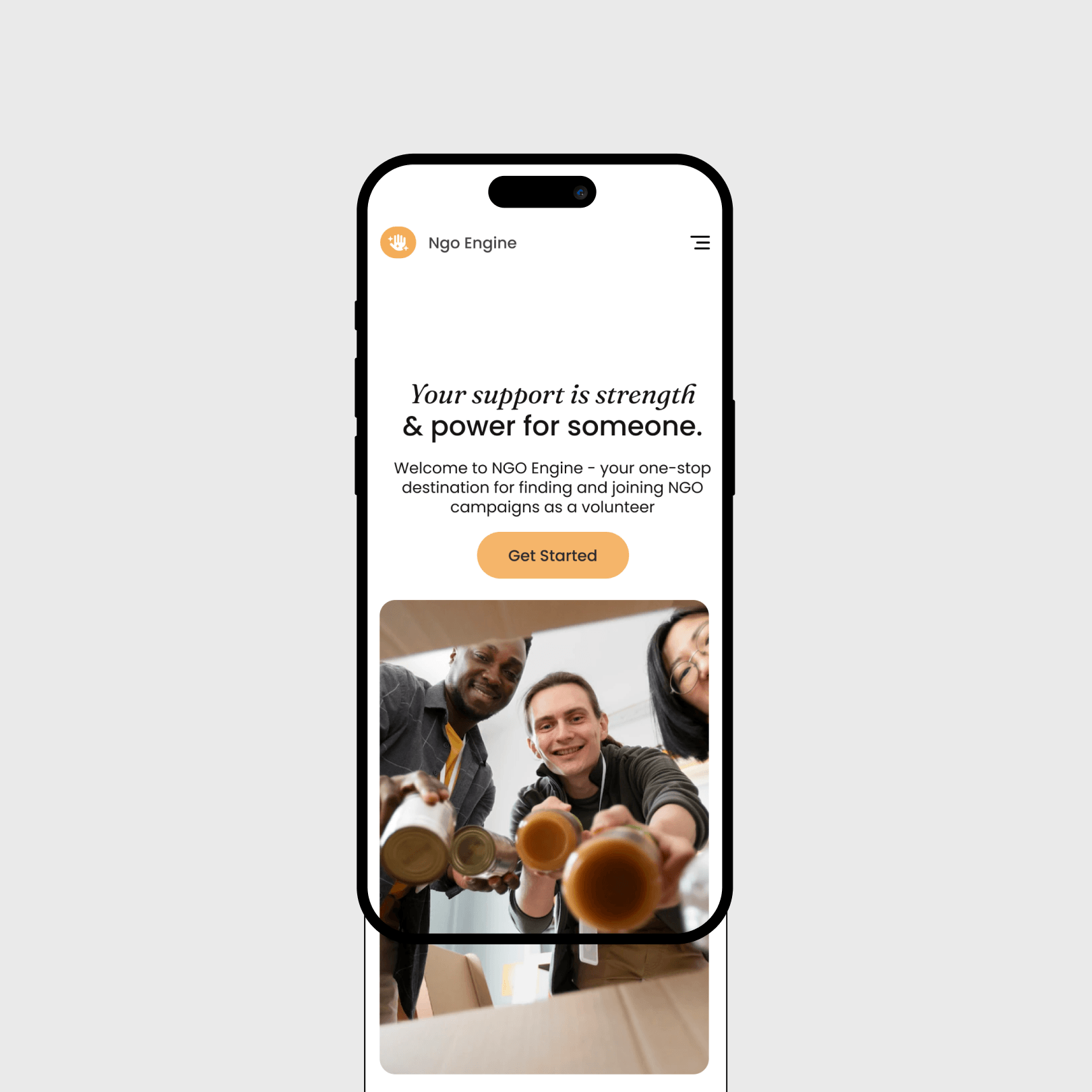Mobile screen showing NGO Engine app with text about support and volunteering, featuring three volunteers placing canned food in a box.