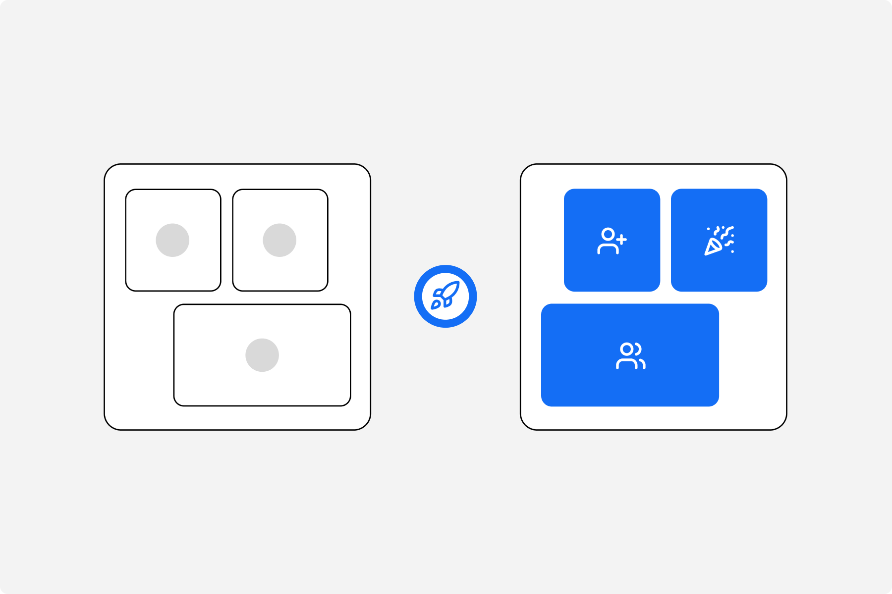 Side-by-side comparison of two square grid layouts, one with empty gray circles and the other with blue icons of user additions, group, and celebration symbols.
