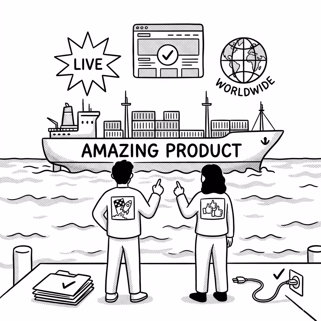 Two people standing on a dock pointing at a cargo ship labeled Amazing Product, with icons showing live status, verified webpage, and worldwide shipping.